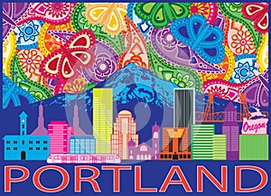 Portland City Skyline and Mount Hood Color Paisley vector Illustration