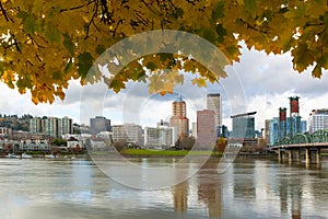 Portland City Skyline Under Fall Foliage