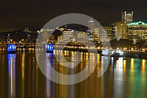 Portland City Skyline by Waterfront at Night