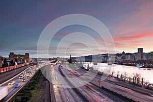 Portland Downtown Freeway Rush Hour Traffic at Sunset