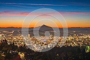 Portland downtown and Mt Hood at dawn