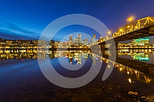 Portland OR Downtown skyline Blue Hour USA