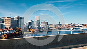 Portland downtown skyline view from highway in Oregon state