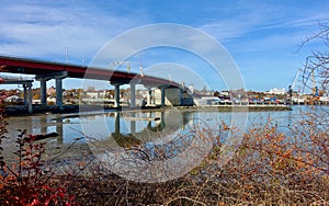 Working waterfront, Portland, Maine, Nov. 2020, and Casco Bay Bridge overlooking Portland Harbor and Casco Bay photo