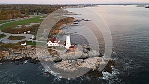 Portland head light at sunrise from drone