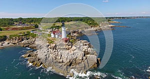 Portland Head Lighthouse aerial view, Maine ME, USA