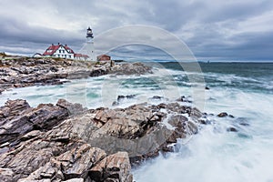 Portland Head Lighthouse in Cape Elizabeth, Maine in storm.