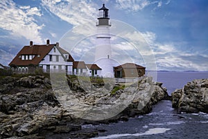 Portland Head Lighthouse in Maine under blue skies