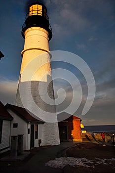 Portland Head lighthouse, Portland Maine, deep blue sky and bright sunlight on a late winter day