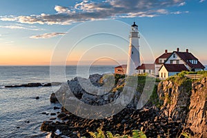 Portland Head Lighthouse at sunrise in Maine