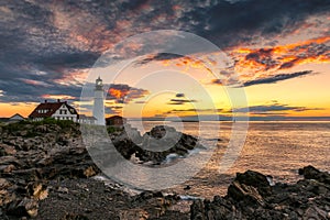 Portland Lighthouse at sunrise, Maine, USA