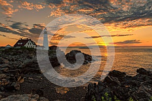 Portland Lighthouse at sunrise, Maine, USA