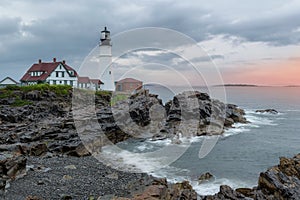 Portland Lighthouse at sunrise Maine, USA.