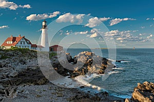 Portland Lighthouse at sunset in New England, Maine