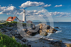 Portland Lighthouse at sunset in New England, Maine.