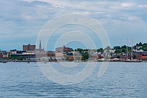 Portland, Maine Aug 11,2018: Amazing view of Portland Maine Downtown seen from the ferry while leaving from Portland, Maine USA