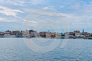 Portland, Maine Aug 11,2018: Amazing view of Portland Maine Downtown seen from the ferry while leaving from Portland, Maine USA