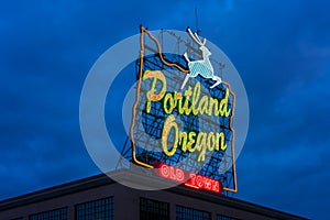 Portland Oregon Old Town Neon Sign at Dusk
