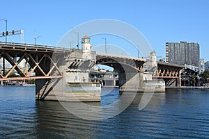 Portland, Oregon`s Burnside Bridge crossing the Willamette River