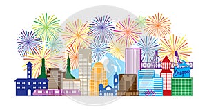 Portland Oregon Skyline Fireworks Color vector Illustration