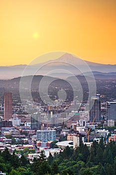 Portland, Oregon, USA skyline at dusk with Mt. Hood