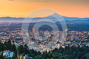 Portland, Oregon, USA skyline at dusk with Mt. Hood