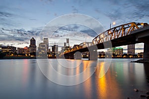 Portland Skyline and Hawthorne Bridge at Sunset