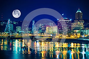 Portland Skyline with Moon