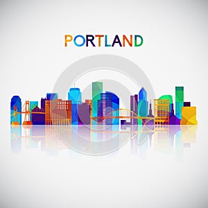 Portland skyline silhouette in colorful geometric style.