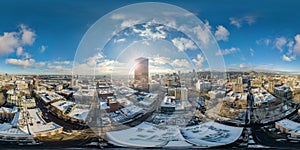 Portland snowy morning with sunshine - full 360 by 180 aerial photosphere photo
