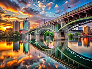 Portlands Burnside Bridge A Breathtaking Sunset Reflection on the Willamette River Showcasing Urban Architecture and photo