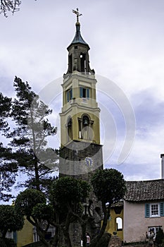 PORTMEIRI, UNITED KINGDOM - Feb 22, 2019: An impressive clock tower in Portmeirion