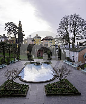 PORTMEIRION, UNITED KINGDOM - Feb 22, 2019: The beautiful pool and courtyard in Portmeirion