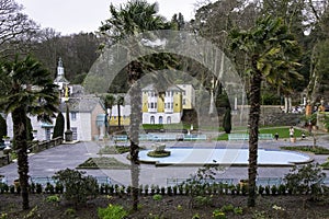 PORTMEIRION, UNITED KINGDOM - Feb 22, 2019: The beautiful pool and courtyard in Portmeirion