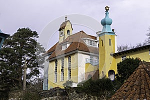 PORTMEIRION, UNITED KINGDOM - Feb 22, 2019: One the colourful buildings of Portmeirion