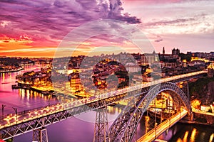 Porto Aerial Cityscape with Luis I Bridge and Douro River at Amazing Sunset