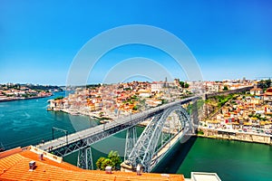 Porto Aerial Cityscape with Luis I Bridge and Douro River during a Sunny Day