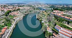 Porto Aerial view flying west towards Duoro River Valey and wine farms, Portugal