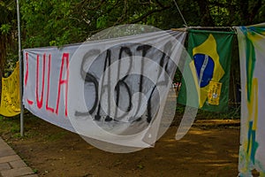 PORTO ALEGRE, BRAZIL - MAY 06, 2016: political protest banner against the ex prsident of brazil, lula da silva