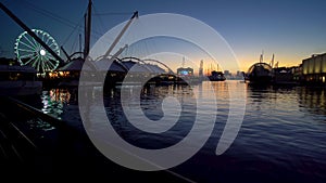 Porto Antico at sunset in Genoa, Italy.