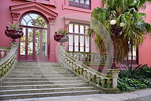 Porto Botanical Garden. Main entrance, pink facade of Casa Andresen, Porto, Portugal