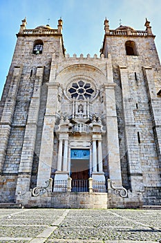 Porto Cathedral facade view, Roman Catholic church, Portugal. Construction around 1110