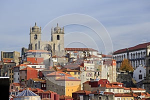 Porto cathedral and house roofs from viewpoint