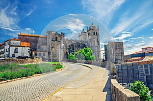 Porto Cathedral Roman Catholic church or Se do Porto and cobblestone road in Porto Oporto city historical centre