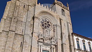 Porto Cathedral or Se Catedral do Porto timelapse hyperlapse. Romanesque and Gothic architecture.
