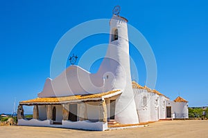 Porto Cervo, Sardinia, Italy - Chiesa Stella Maris church overlooking port and residences of Porto Cervo resort at the Costa