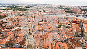 Porto cityscape with famous bell tower of Clerigos Church, Portugal aerial view