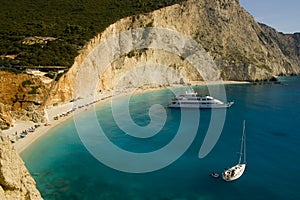 Porto Katsiki Beach with boats photo