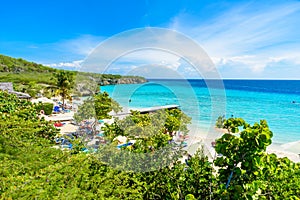 Porto Marie beach - white sand Beach with blue sky and crystal clear blue water in Curacao, Netherlands Antilles, a Caribbean
