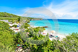 Porto Marie beach - white sand Beach with blue sky and crystal clear blue water in Curacao, Netherlands Antilles, a Caribbean